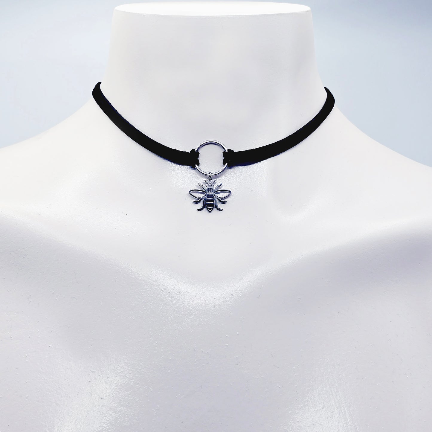 Discreet Day Collar, Faux Leather Choker With Stainless Steel Circle Pendant and Bee.