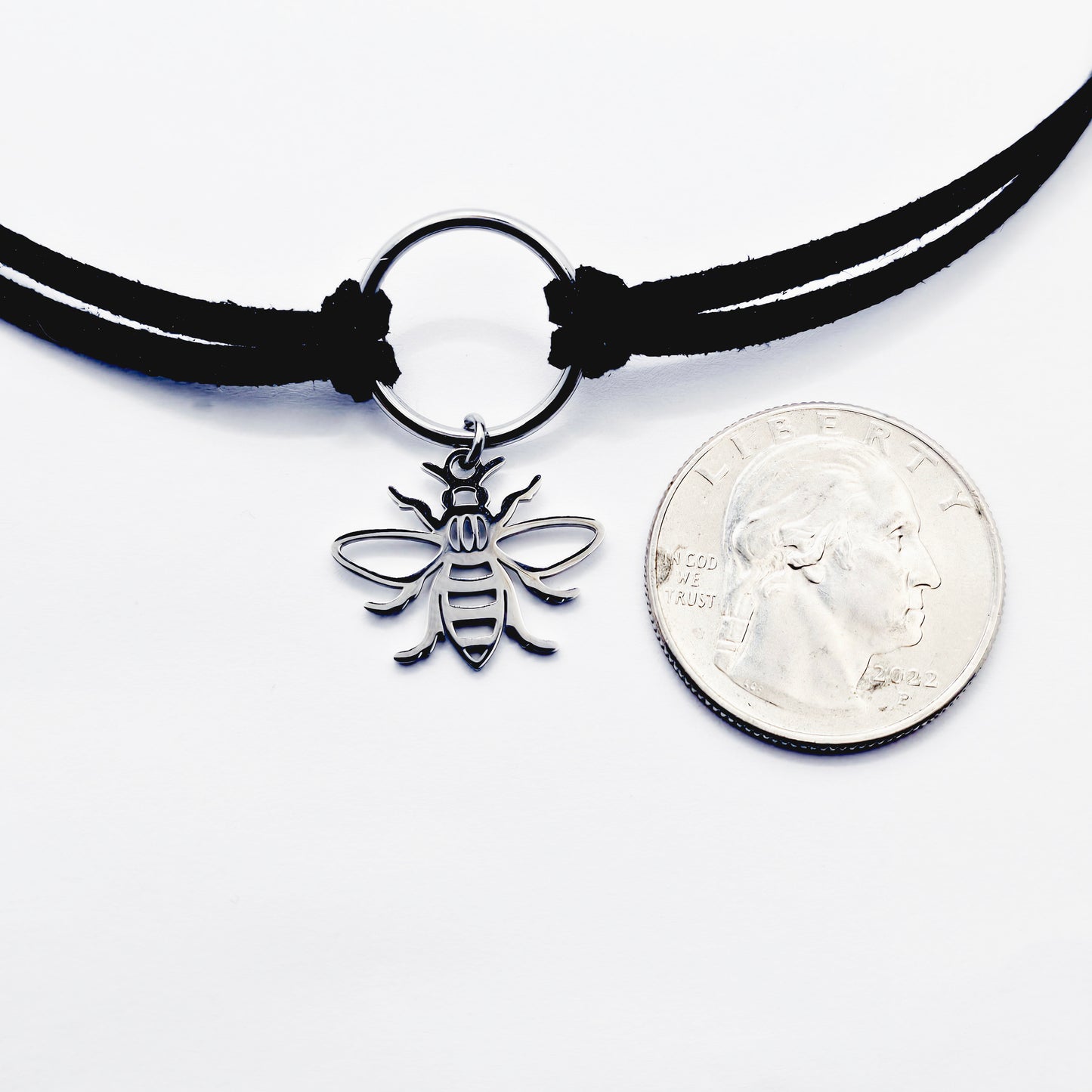 Discreet Day Collar, Faux Leather Choker With Stainless Steel Circle Pendant and Bee.