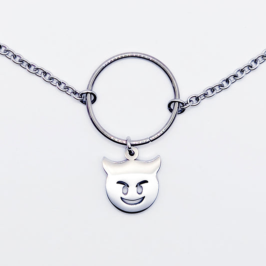 Unisex Sub Collar, Stainless Steel Circle of O with Naughty Devil Pendant. BDSM Submissive Day Collar