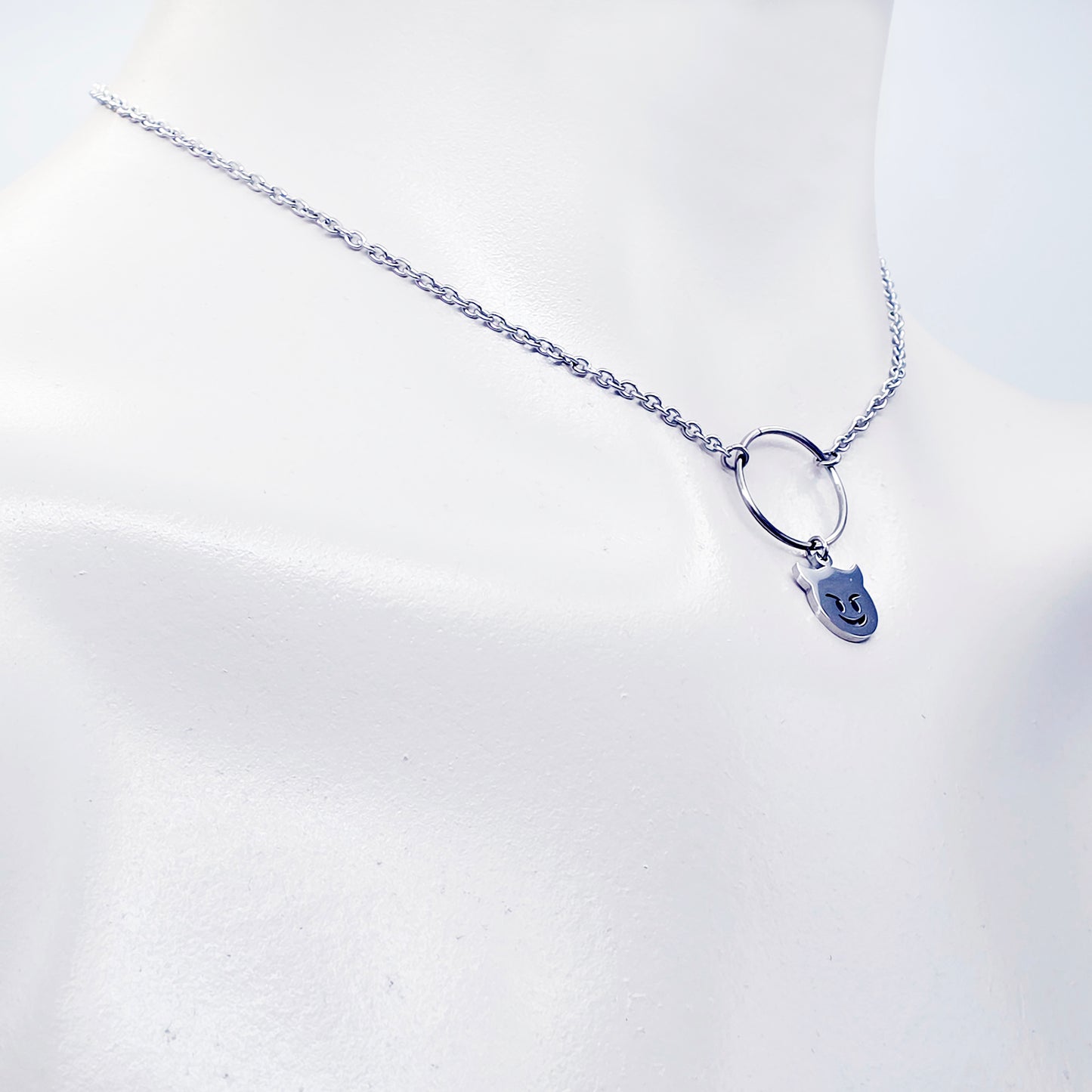Unisex Sub Collar, Stainless Steel Circle of O with Naughty Devil Pendant. BDSM Submissive Day Collar