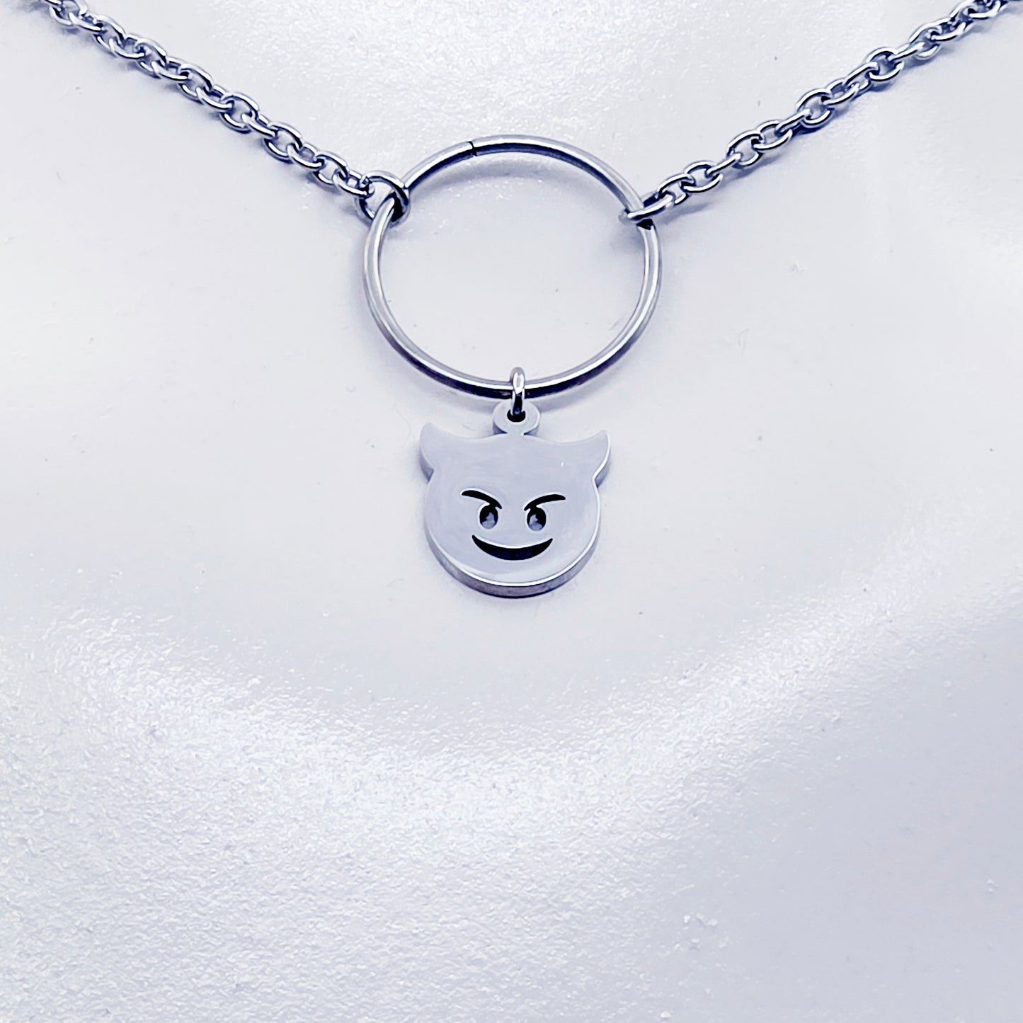 Unisex Sub Collar, Stainless Steel Circle of O with Naughty Devil Pendant. BDSM Submissive Day Collar