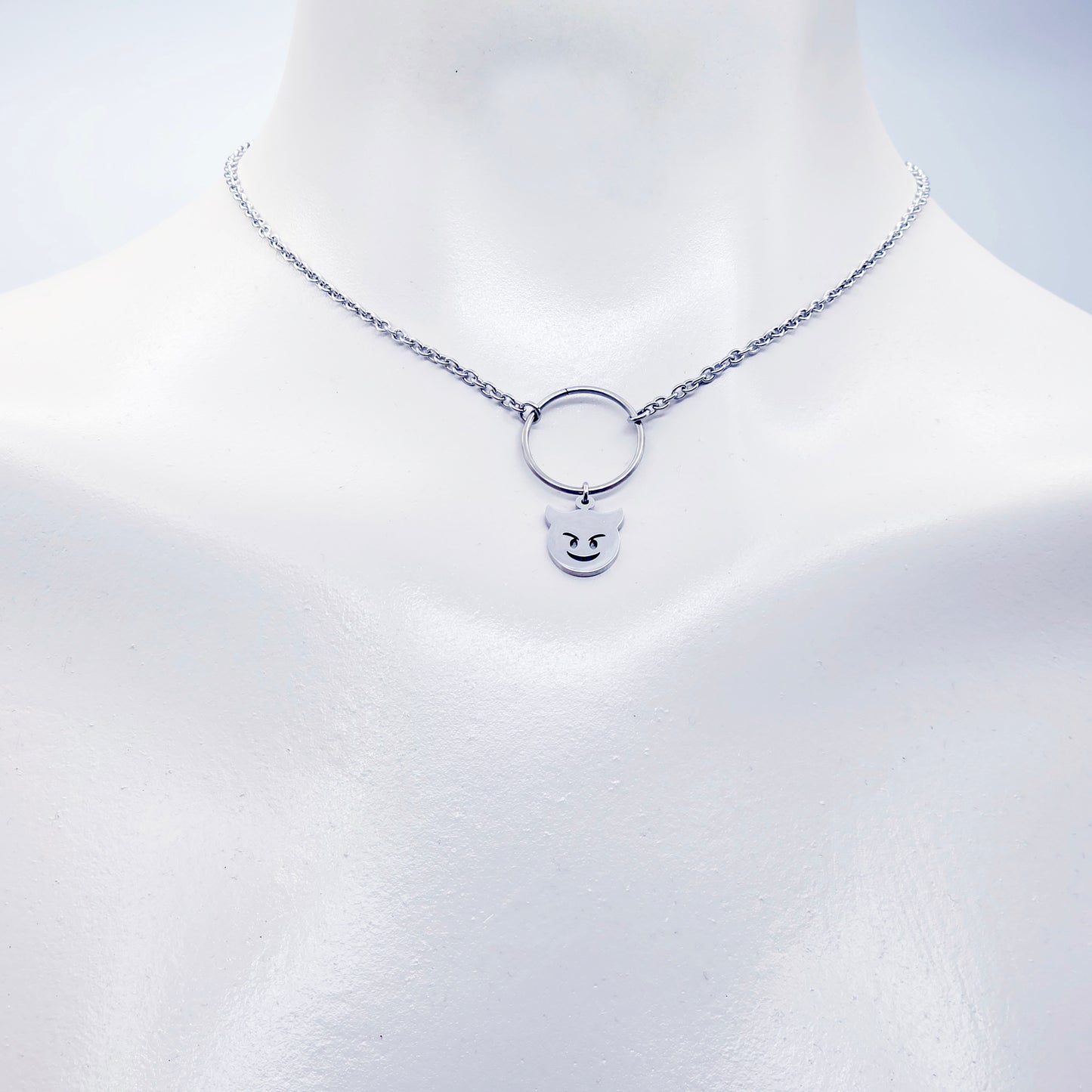 Unisex Sub Collar, Stainless Steel Circle of O with Naughty Devil Pendant. BDSM Submissive Day Collar
