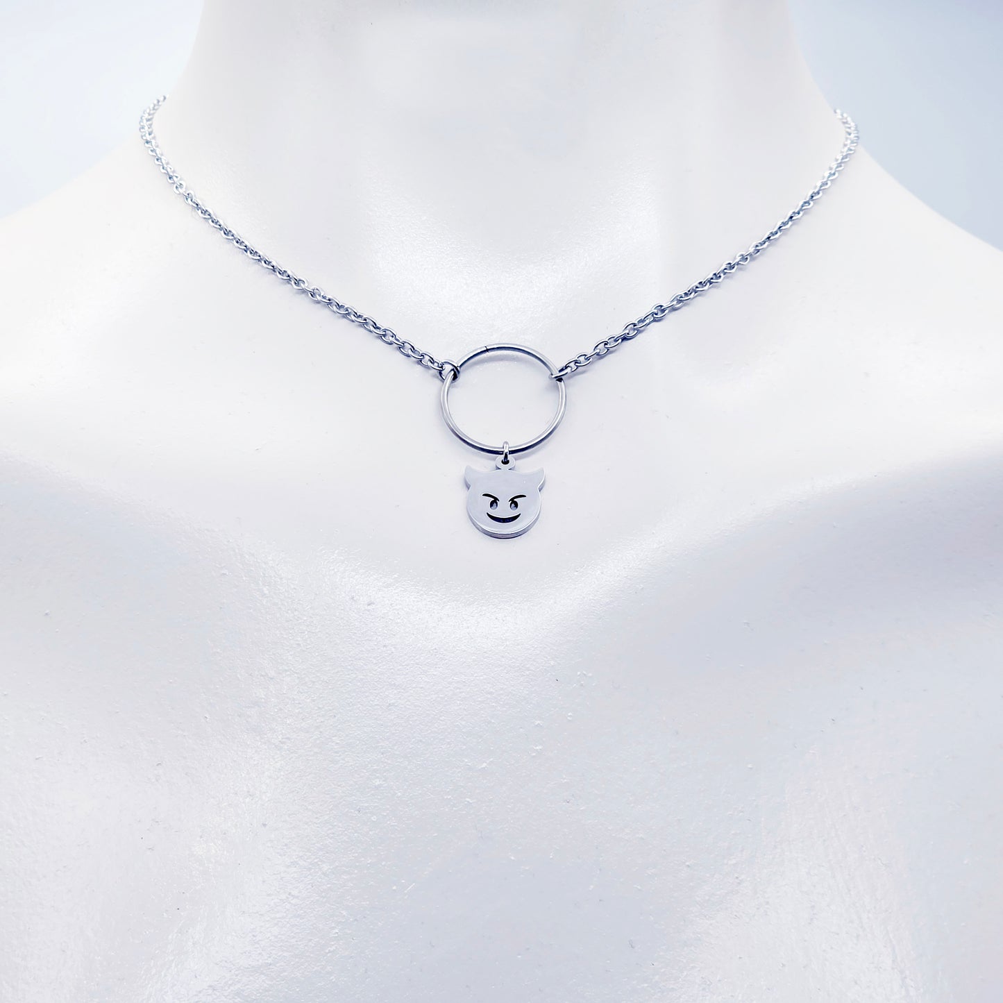 Unisex Sub Collar, Stainless Steel Circle of O with Naughty Devil Pendant. BDSM Submissive Day Collar