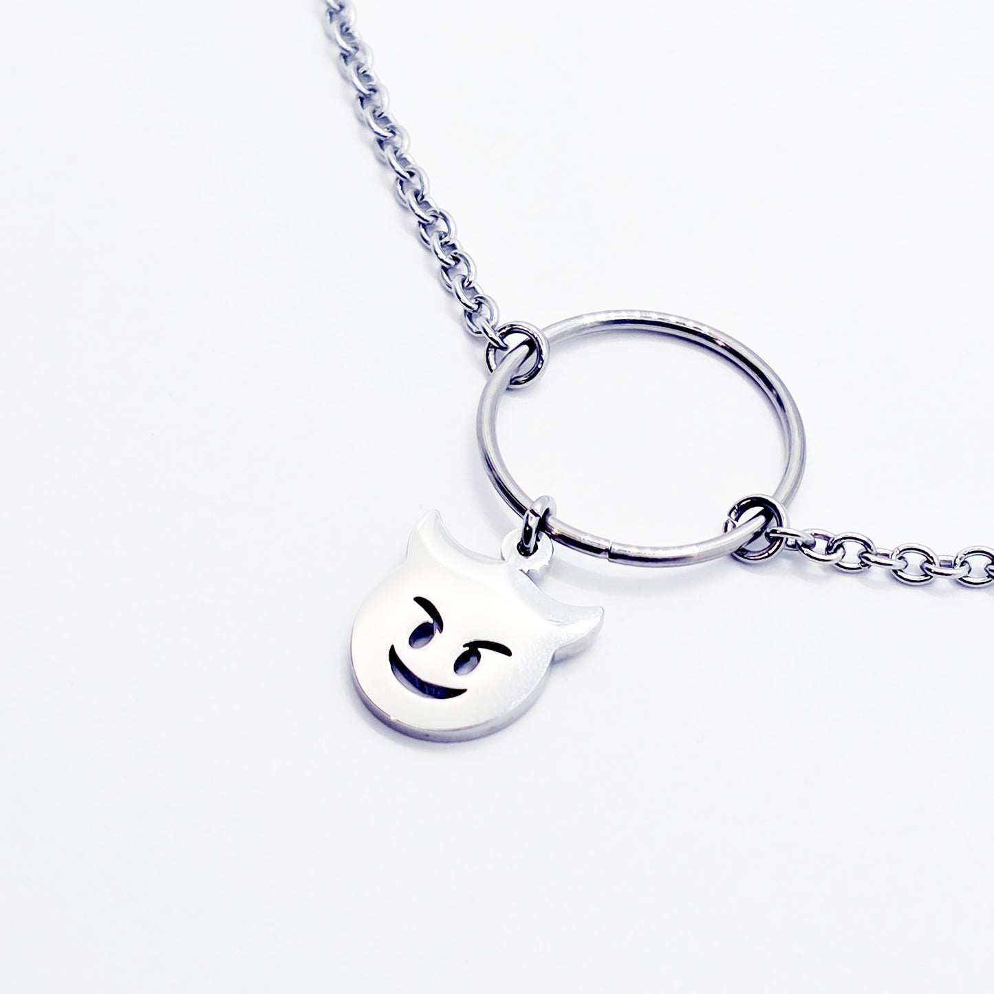 Unisex Sub Collar, Stainless Steel Circle of O with Naughty Devil Pendant. BDSM Submissive Day Collar