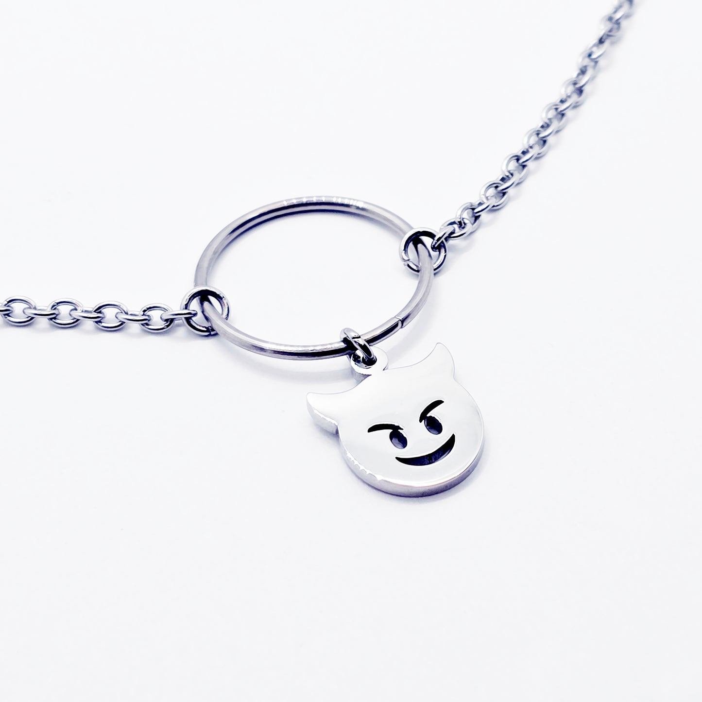 Unisex Sub Collar, Stainless Steel Circle of O with Naughty Devil Pendant. BDSM Submissive Day Collar