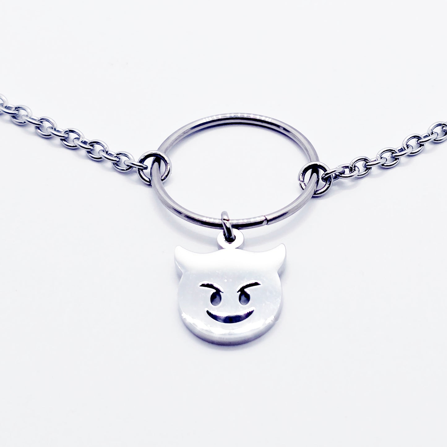 Unisex Sub Collar, Stainless Steel Circle of O with Naughty Devil Pendant. BDSM Submissive Day Collar