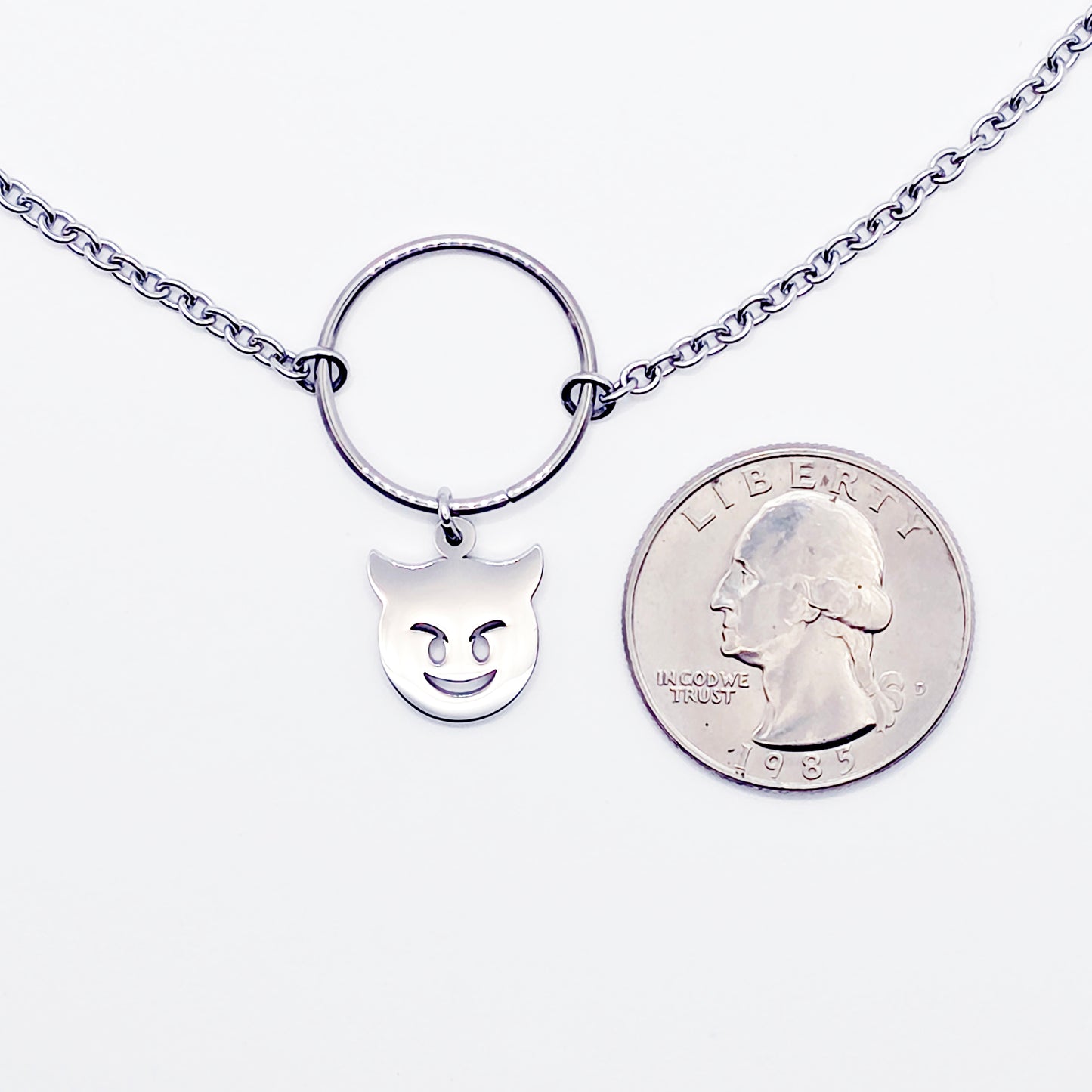 Unisex Sub Collar, Stainless Steel Circle of O with Naughty Devil Pendant. BDSM Submissive Day Collar