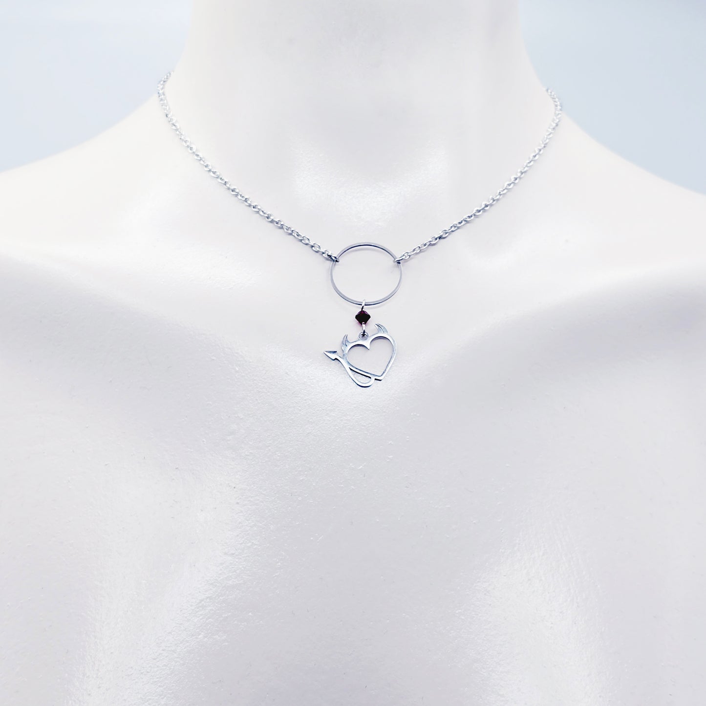 Devil Heart Day Collar, Stainless Steel, with Circle of O Pendant and Red Crystal. Dainty Daywear Collar for BDSM Submissive