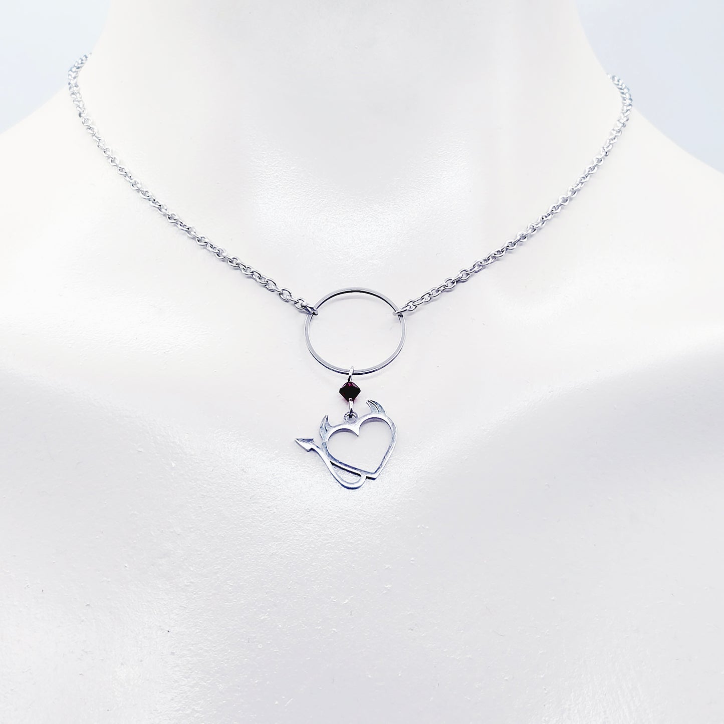 Devil Heart Day Collar, Stainless Steel, with Circle of O Pendant and Red Crystal. Dainty Daywear Collar for BDSM Submissive