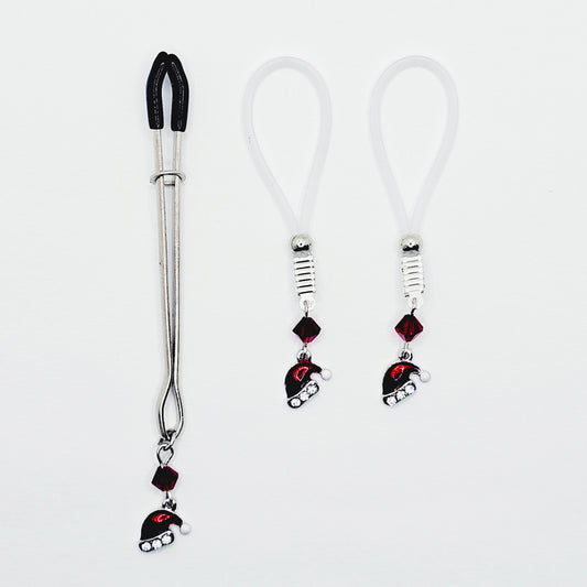 Nipple and Clit Set, Non Piercing, with Santa Hat. Choose Nipple Nooses or Your Choice of Nipple Clamps. MATURE BDSM