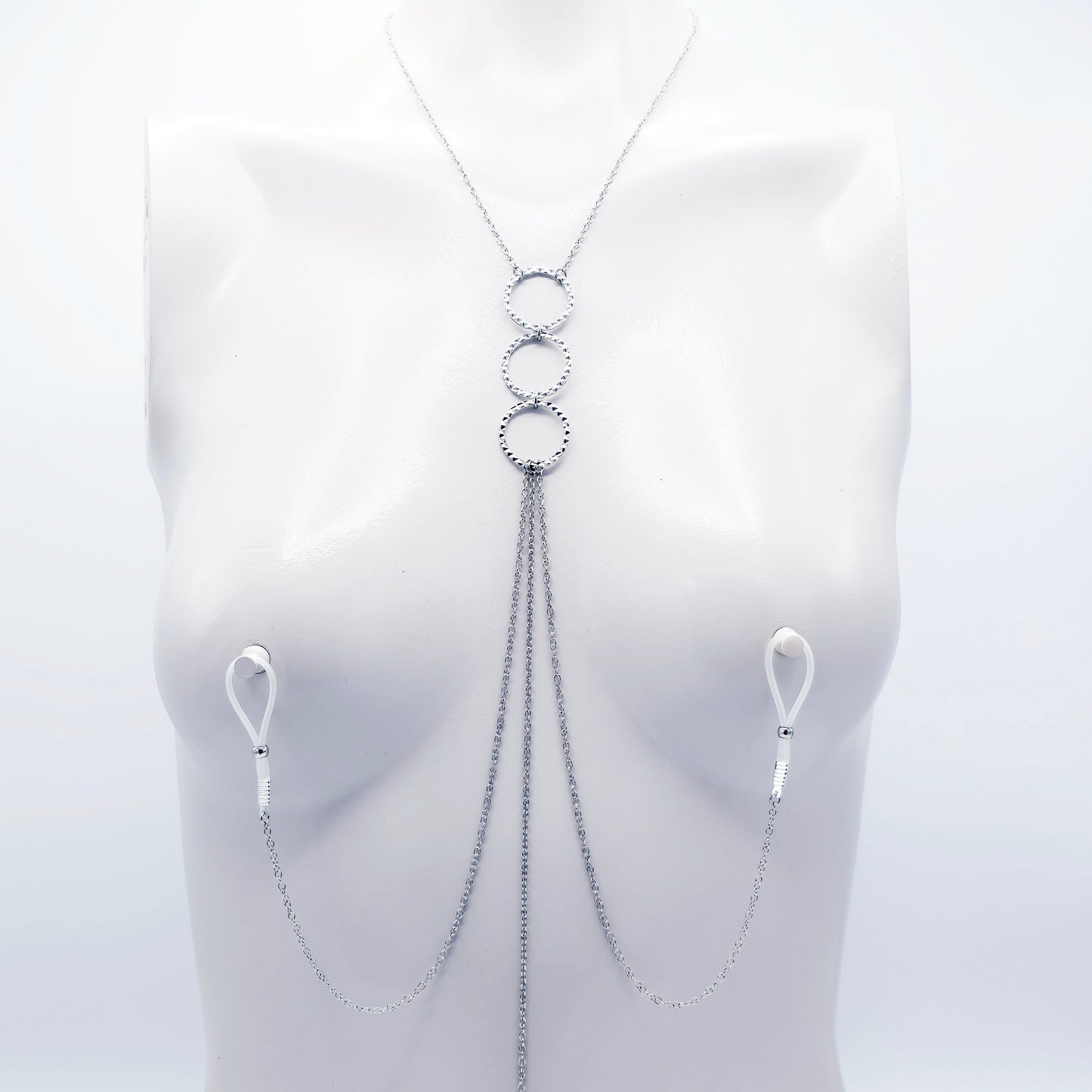 Silver Tri Circle Necklace to Nipple and Clit. Nipple Nooses or Clamps and Tweezer Clitoral Clamp.