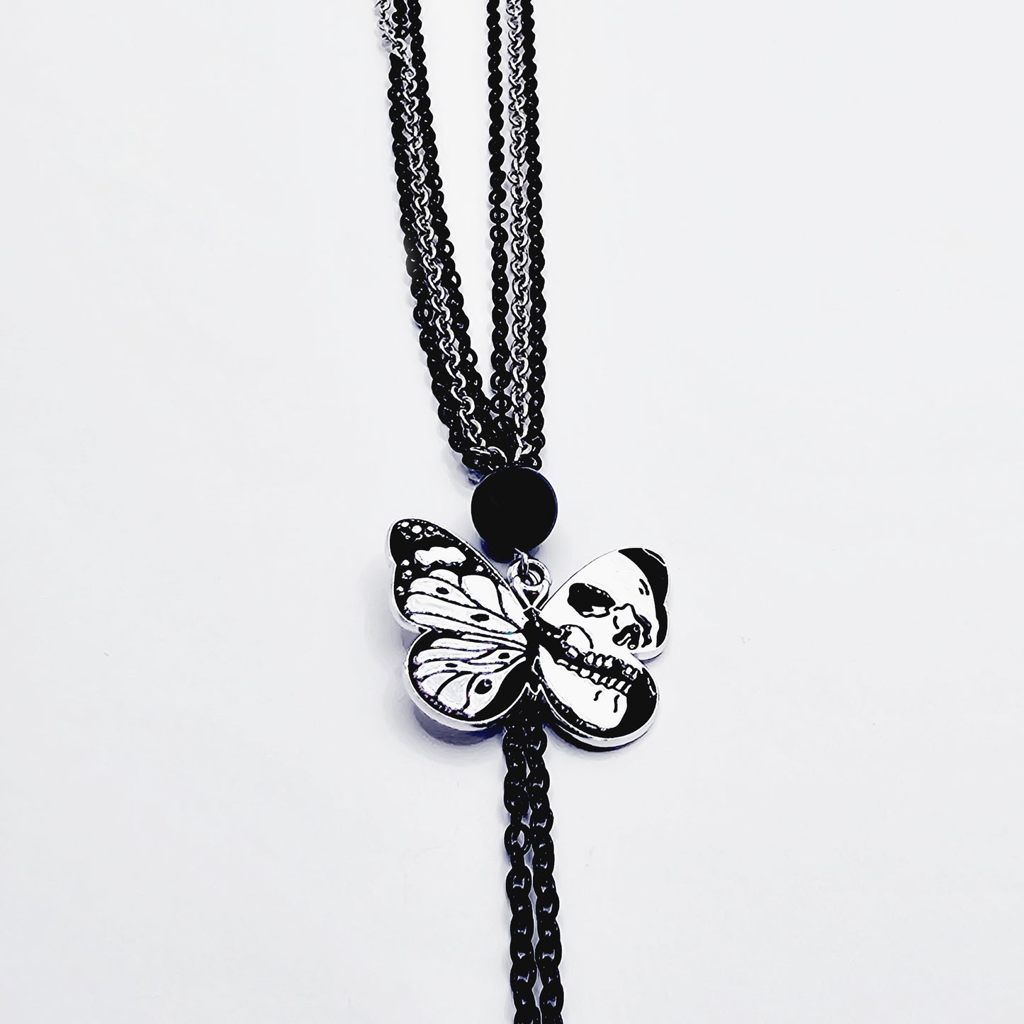 Nipple Chain Necklace, Black and Silver with Skull Butterflies.  Non Piercing Nipple Nooses or Nipple Clamps.