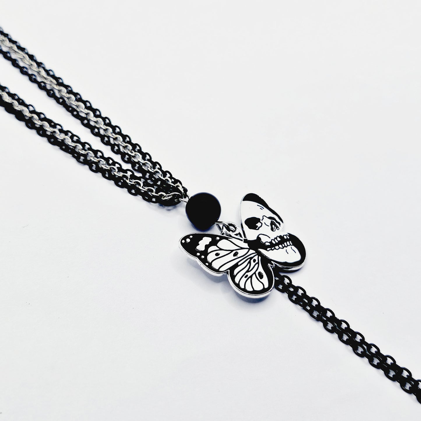 Nipple Chain Necklace, Black and Silver with Skull Butterflies.  Non Piercing Nipple Nooses or Nipple Clamps.