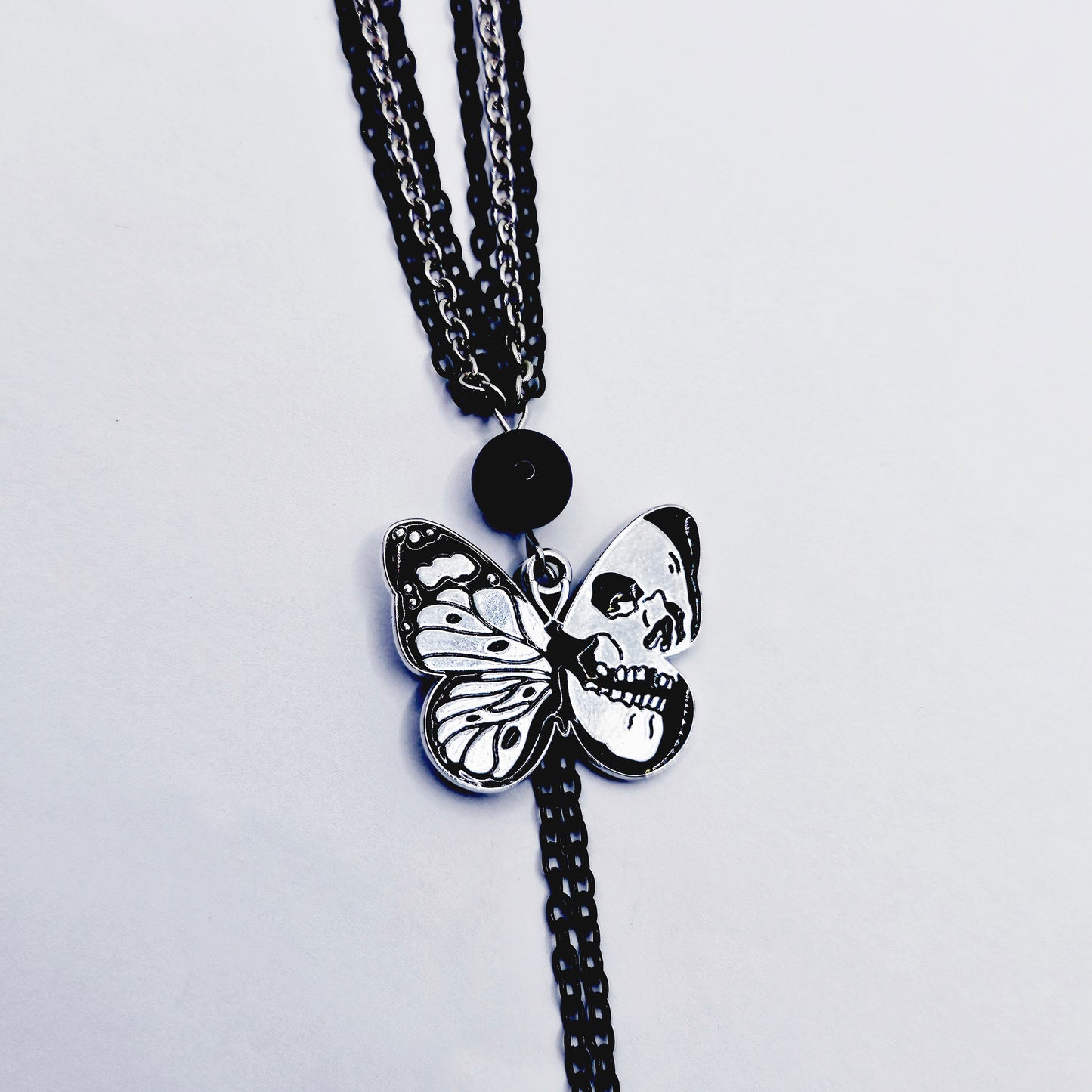 Nipple Chain Necklace, Black and Silver with Skull Butterflies.  Non Piercing Nipple Nooses or Nipple Clamps.