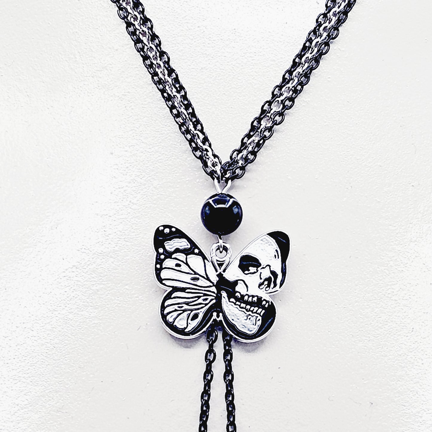 Nipple Chain Necklace, Black and Silver with Skull Butterflies.  Non Piercing Nipple Nooses or Nipple Clamps.