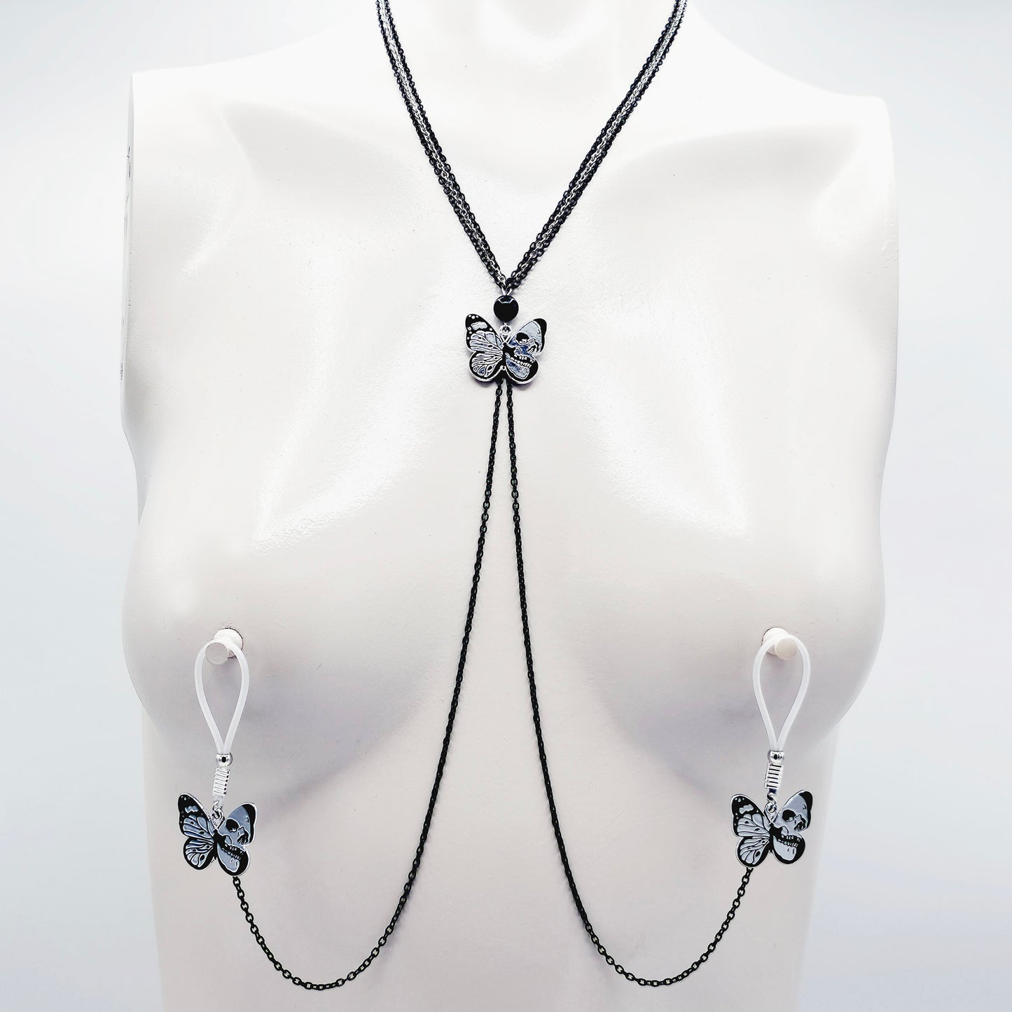 Nipple Chain Necklace, Black and Silver with Skull Butterflies.  Non Piercing Nipple Nooses or Nipple Clamps.