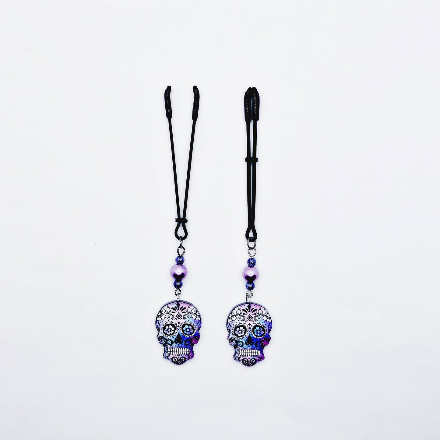 Sugar Skull Nipple Clamps. Black Tweezer Nipple Clamps with Pretty Pearl Beads and Skulls.