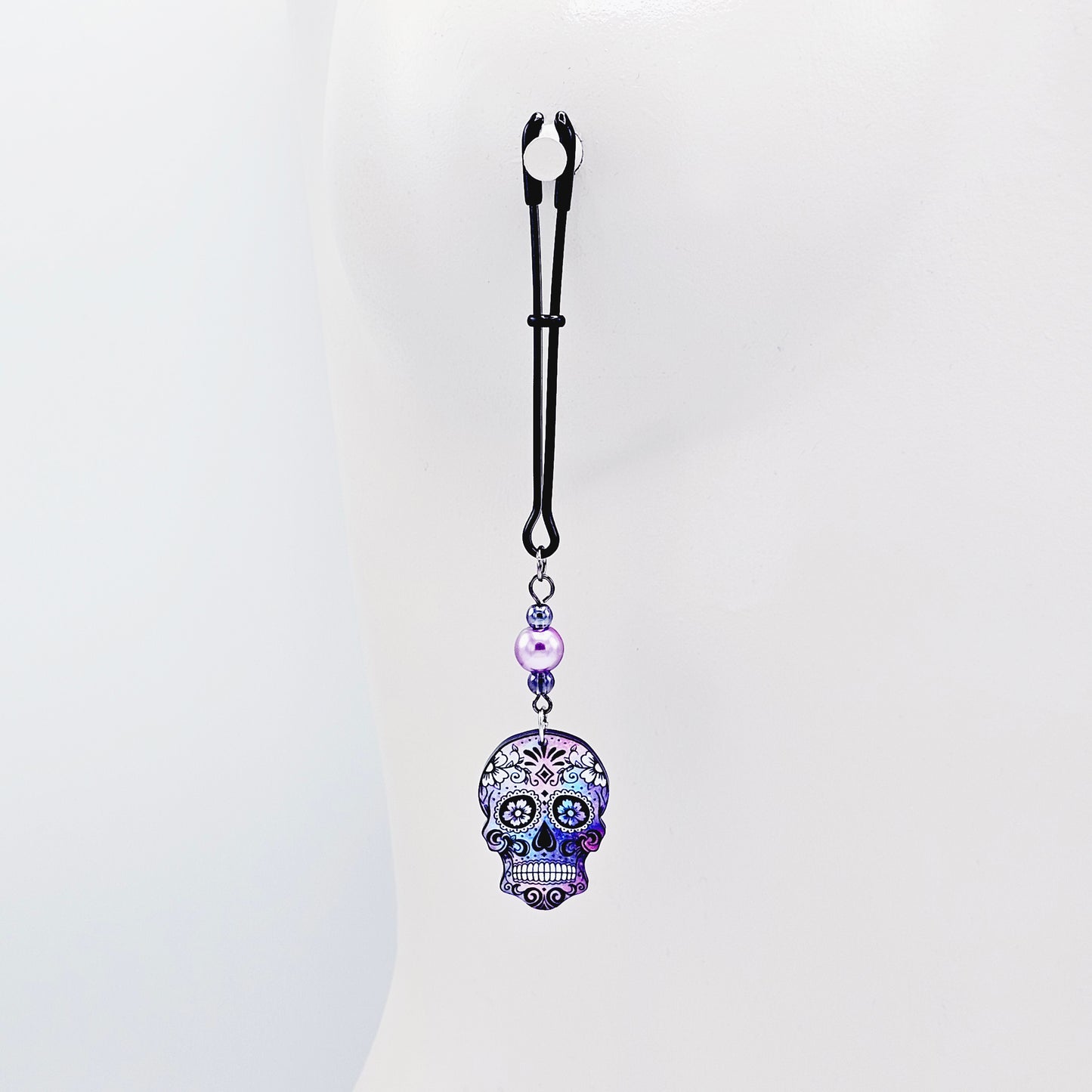 Sugar Skull Nipple Clamps. Black Tweezer Nipple Clamps with Pretty Pearl Beads and Skulls.