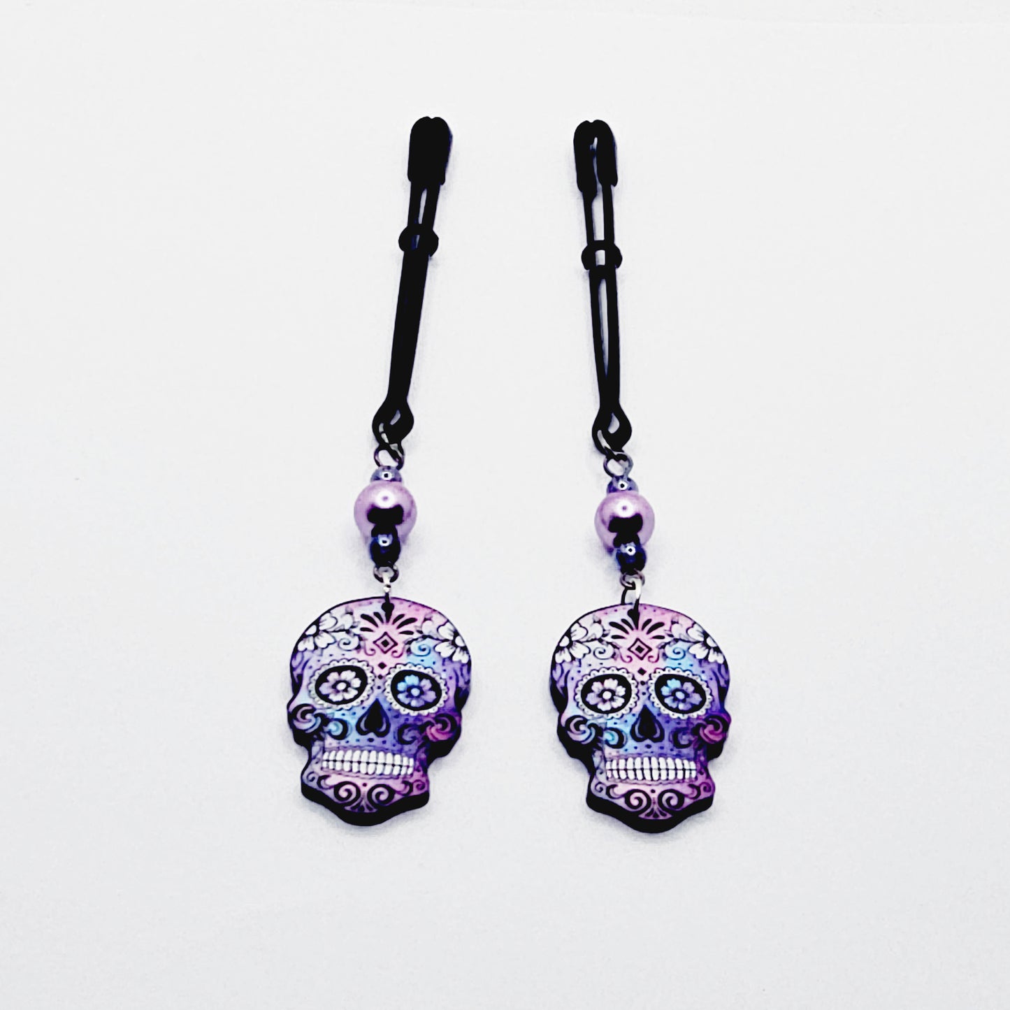 Sugar Skull Nipple Clamps. Black Tweezer Nipple Clamps with Pretty Pearl Beads and Skulls.