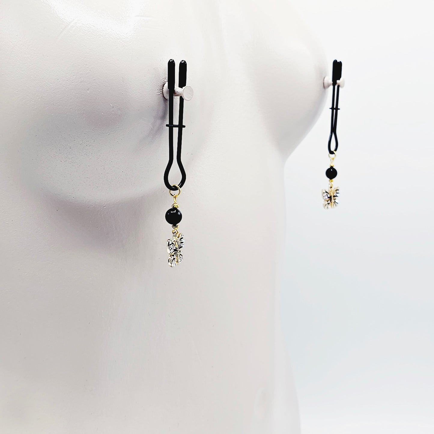 Butterfly Nipple Clamps Black Straight Tweezer Nipple Clamps with Sparkling Butterflies and Black Obsidian Beads