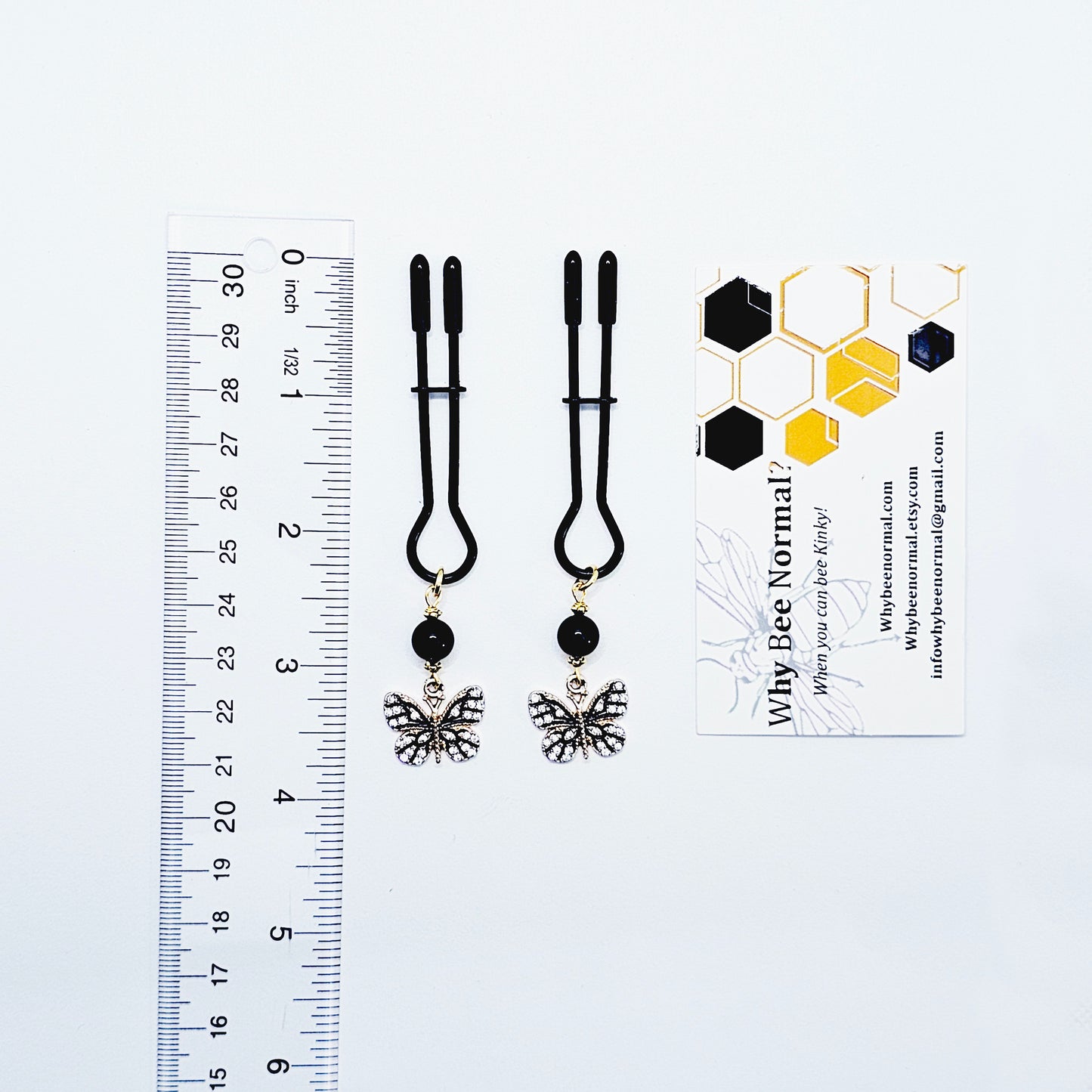 Butterfly Nipple Clamps Black Straight Tweezer Nipple Clamps with Sparkling Butterflies and Black Obsidian Beads