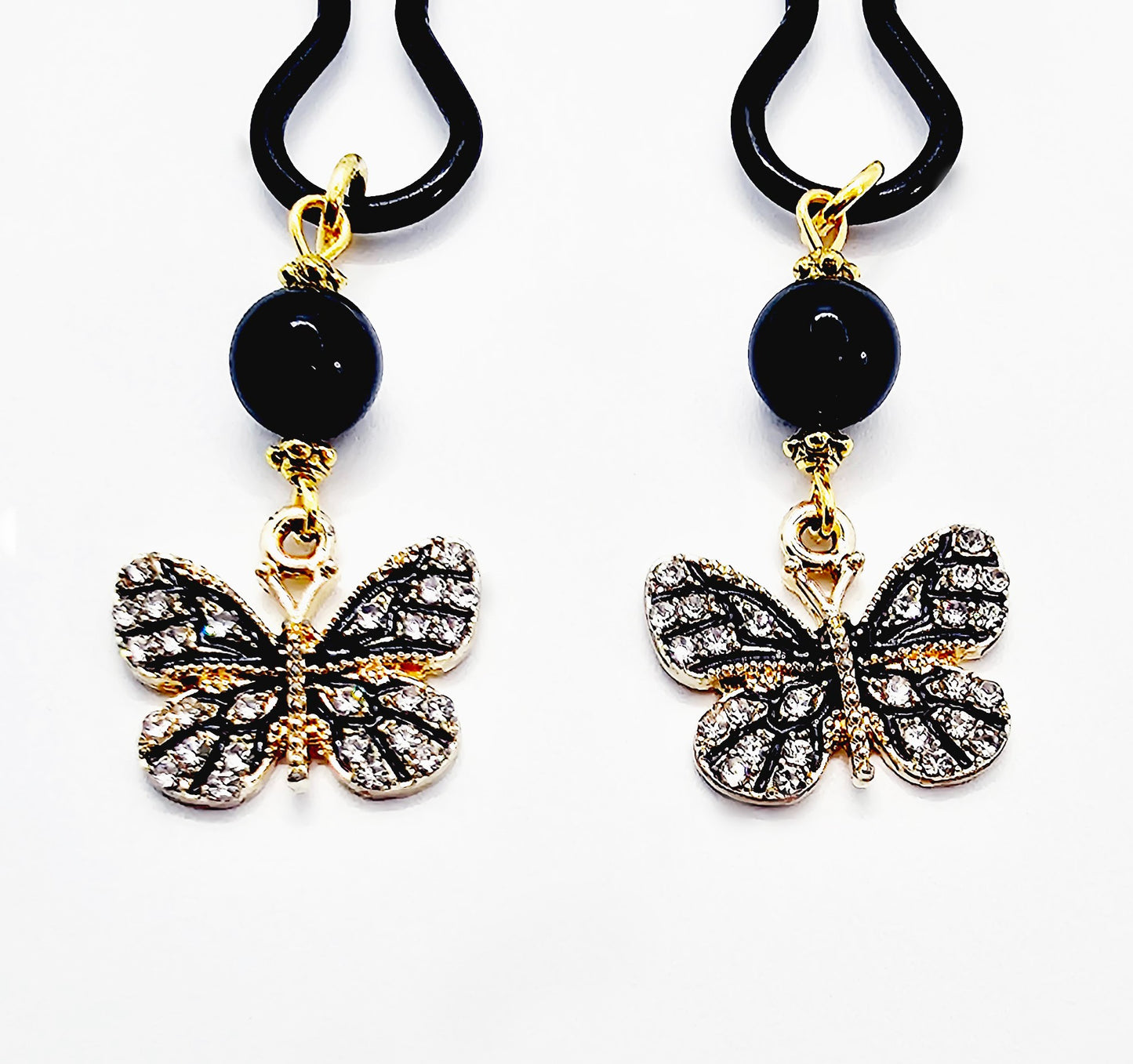 Butterfly Nipple Clamps Black Straight Tweezer Nipple Clamps with Sparkling Butterflies and Black Obsidian Beads