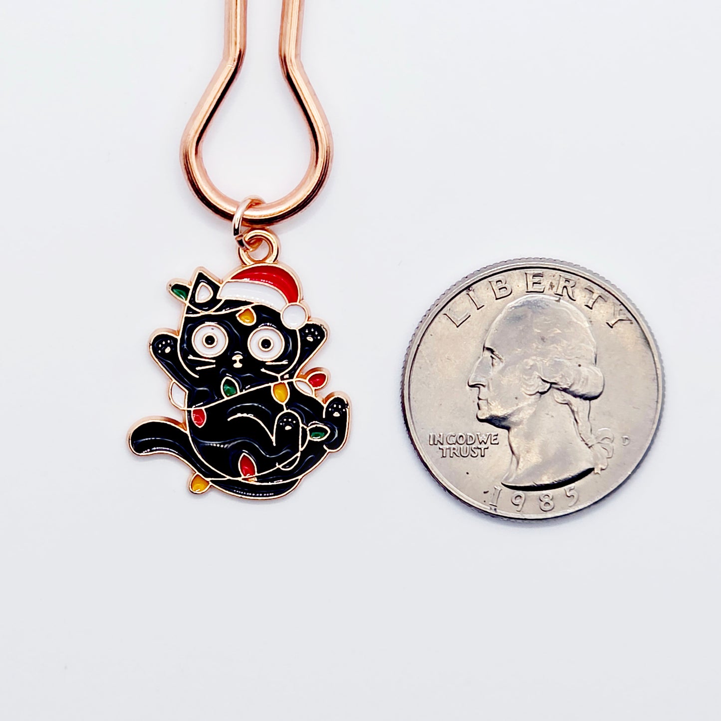 Holiday Nipple Clamps. Rose Gold Straight Tweezer Clamps with Naughty Christmas Kittens.