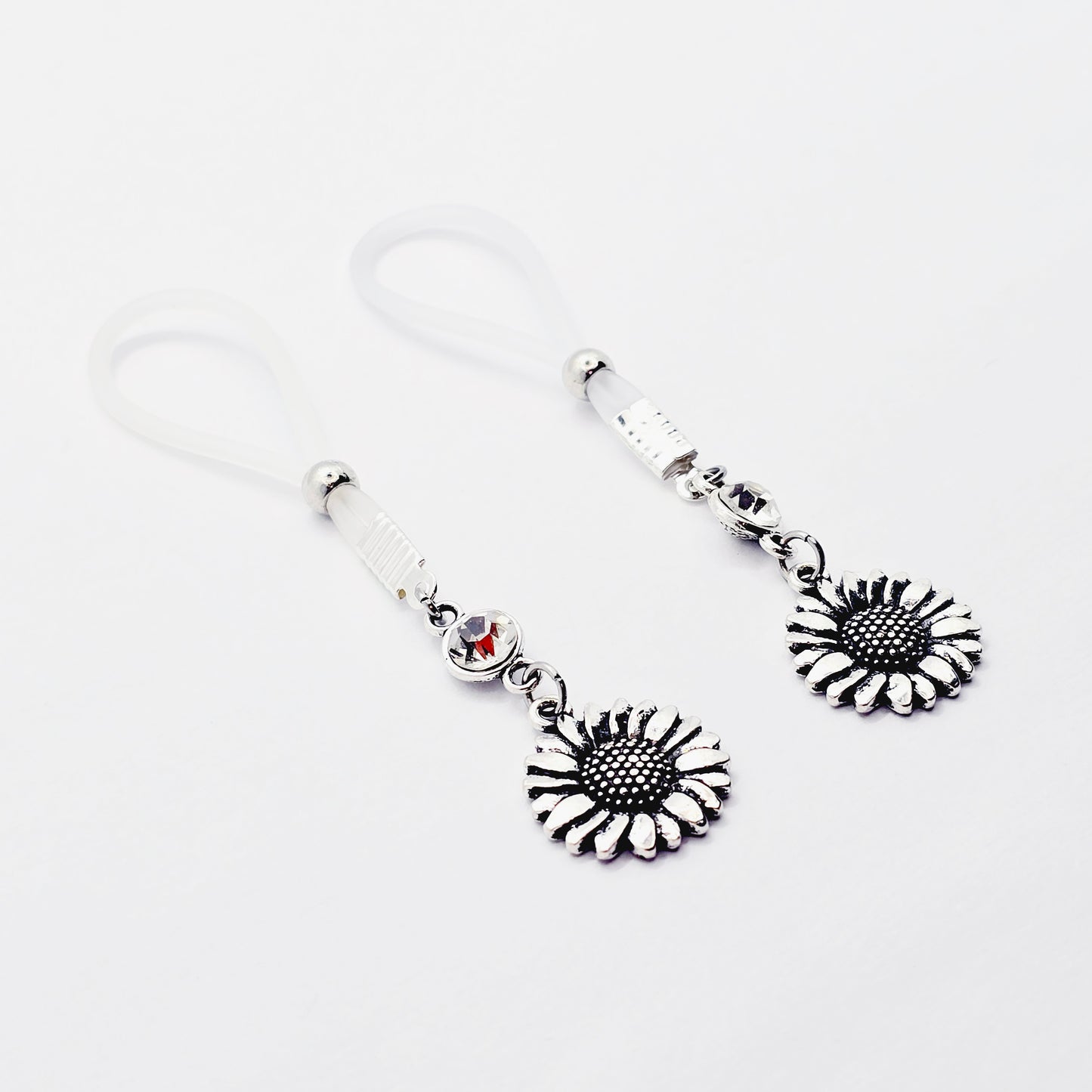 Sunflower Nipple Nooses or Nipple Clamps. Non Piercing Nipple Dangles with Clear Gem and Flower.