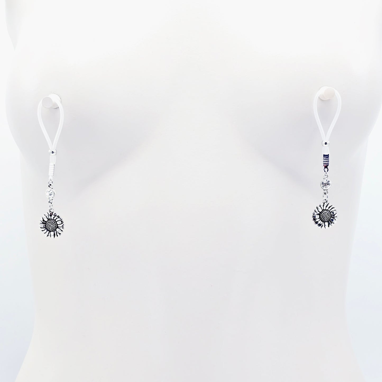 Sunflower Nipple Nooses or Nipple Clamps. Non Piercing Nipple Dangles with Clear Gem and Flower.