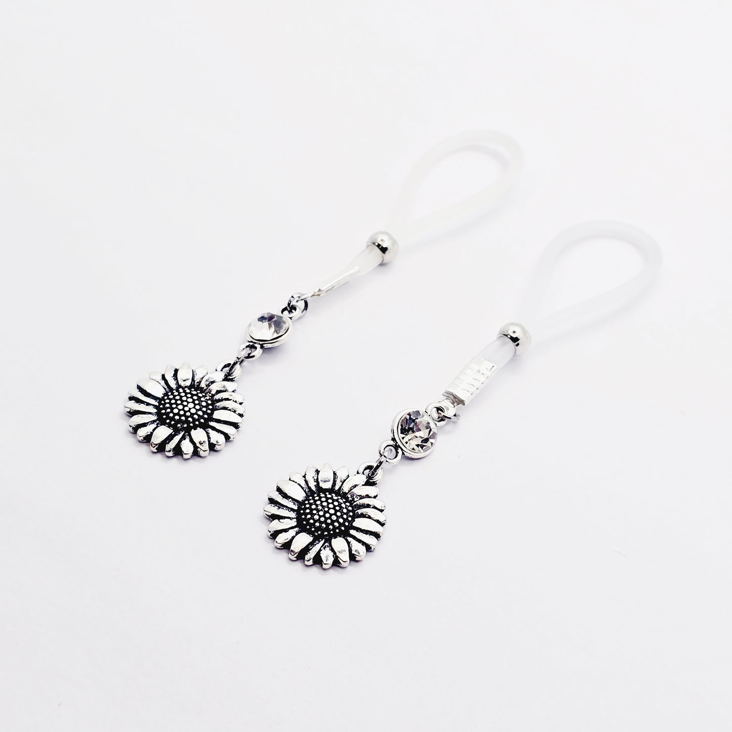 Sunflower Nipple Nooses or Nipple Clamps. Non Piercing Nipple Dangles with Clear Gem and Flower.