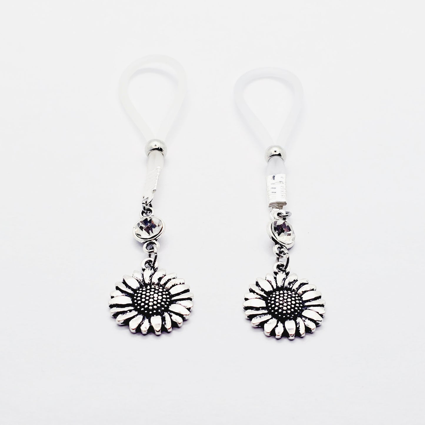 Sunflower Nipple Nooses or Nipple Clamps. Non Piercing Nipple Dangles with Clear Gem and Flower.