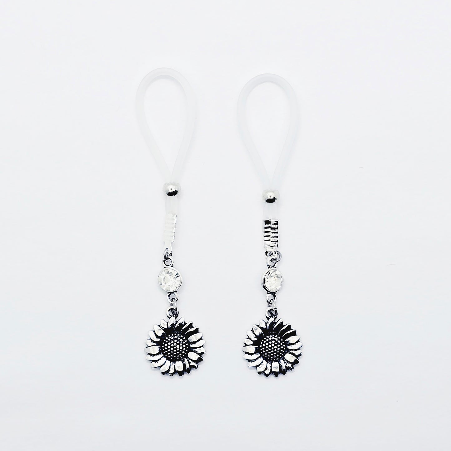 Sunflower Nipple Nooses or Nipple Clamps. Non Piercing Nipple Dangles with Clear Gem and Flower.