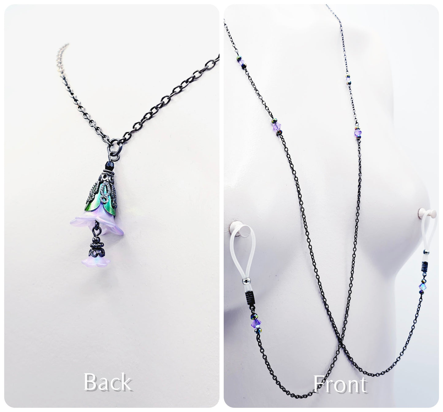 Gunmetal and Purple Backdrop Necklace to Nipple with Flower Dangle and Your Choice of Nipple Attachment.