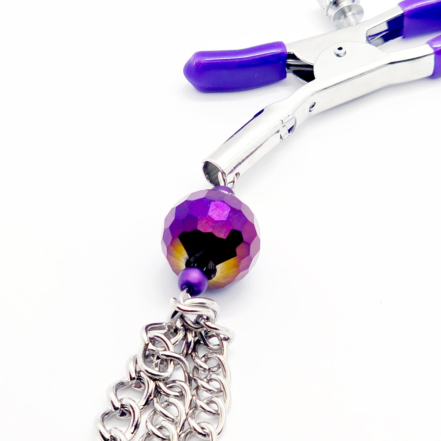 Adjustable Clamps, Purple, with Multiple Chains Attached.