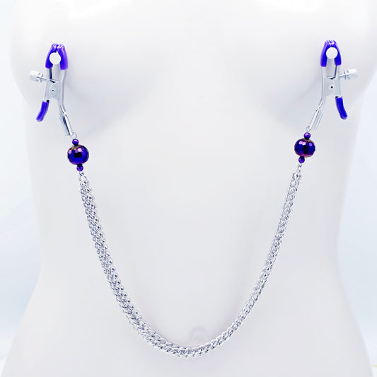 Adjustable Clamps, Purple, with Multiple Chains Attached.