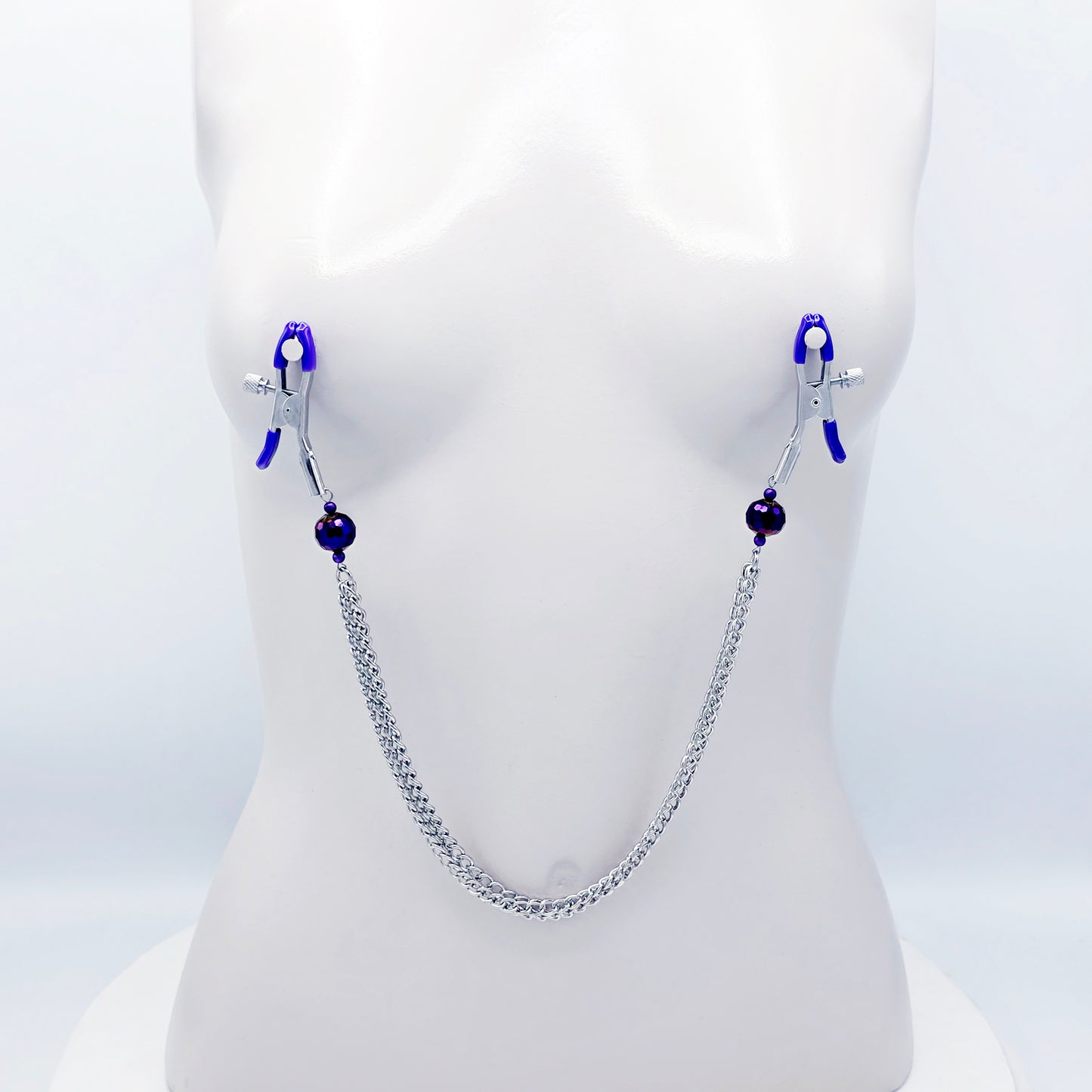 Adjustable Clamps, Purple, with Multiple Chains Attached.