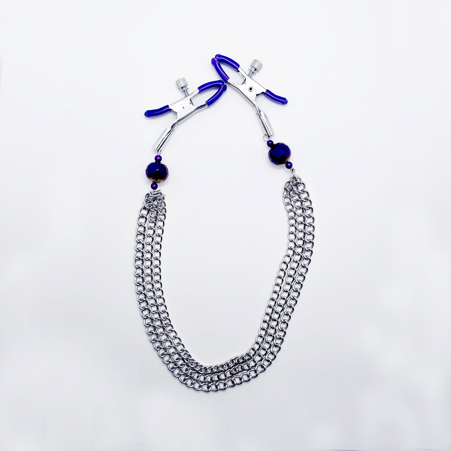 Adjustable Clamps, Purple, with Multiple Chains Attached.