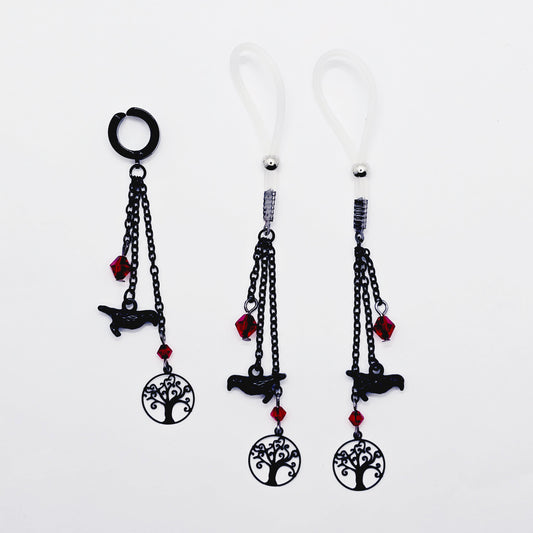 Non-Piercing Nipple Dangles and VCH Clip with Ravens. Nipple Nooses or Your Choice of Nipple Clamps.