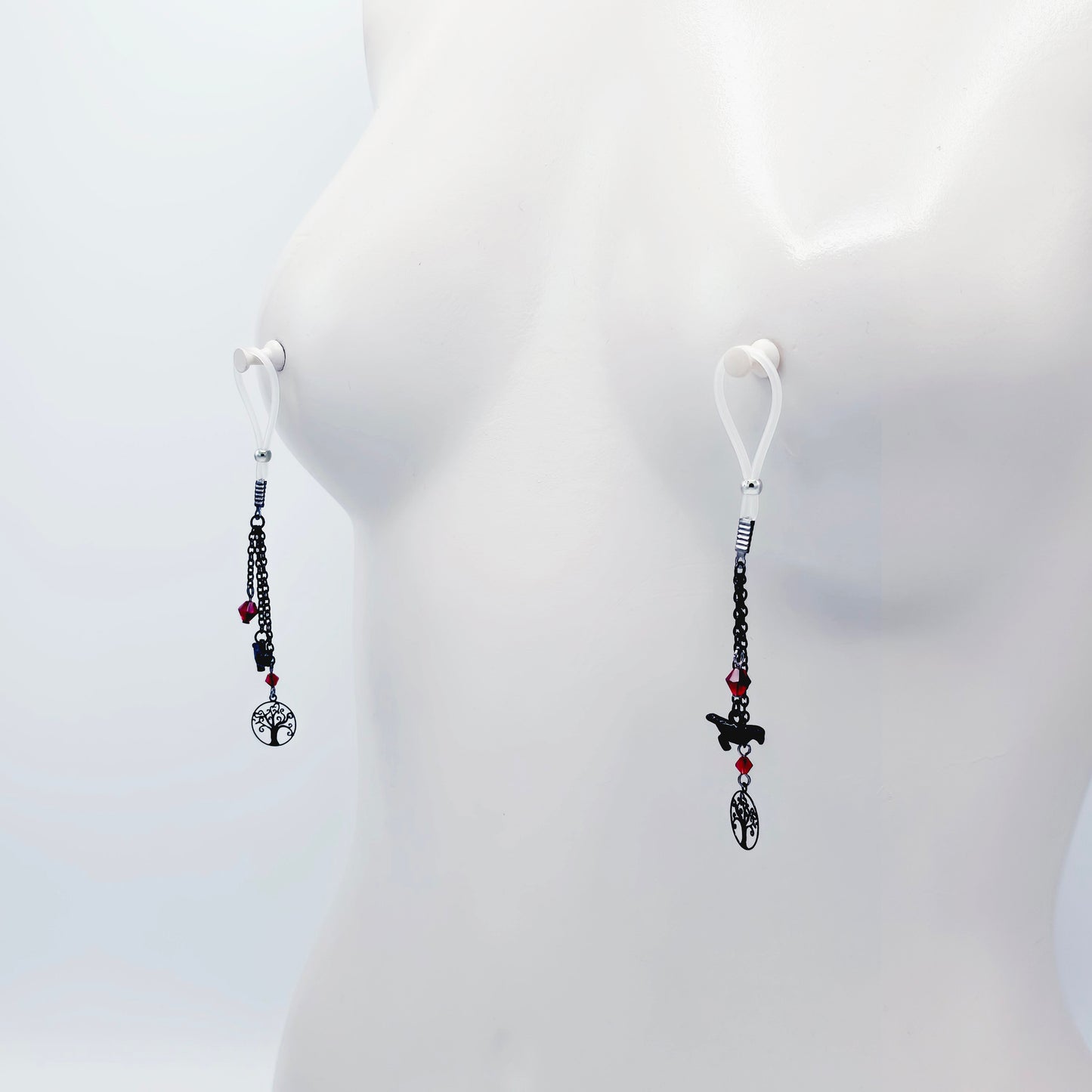 Non-Piercing Nipple Dangles with Ravens. Nipple Nooses or Your Choice of Nipple Clamps.