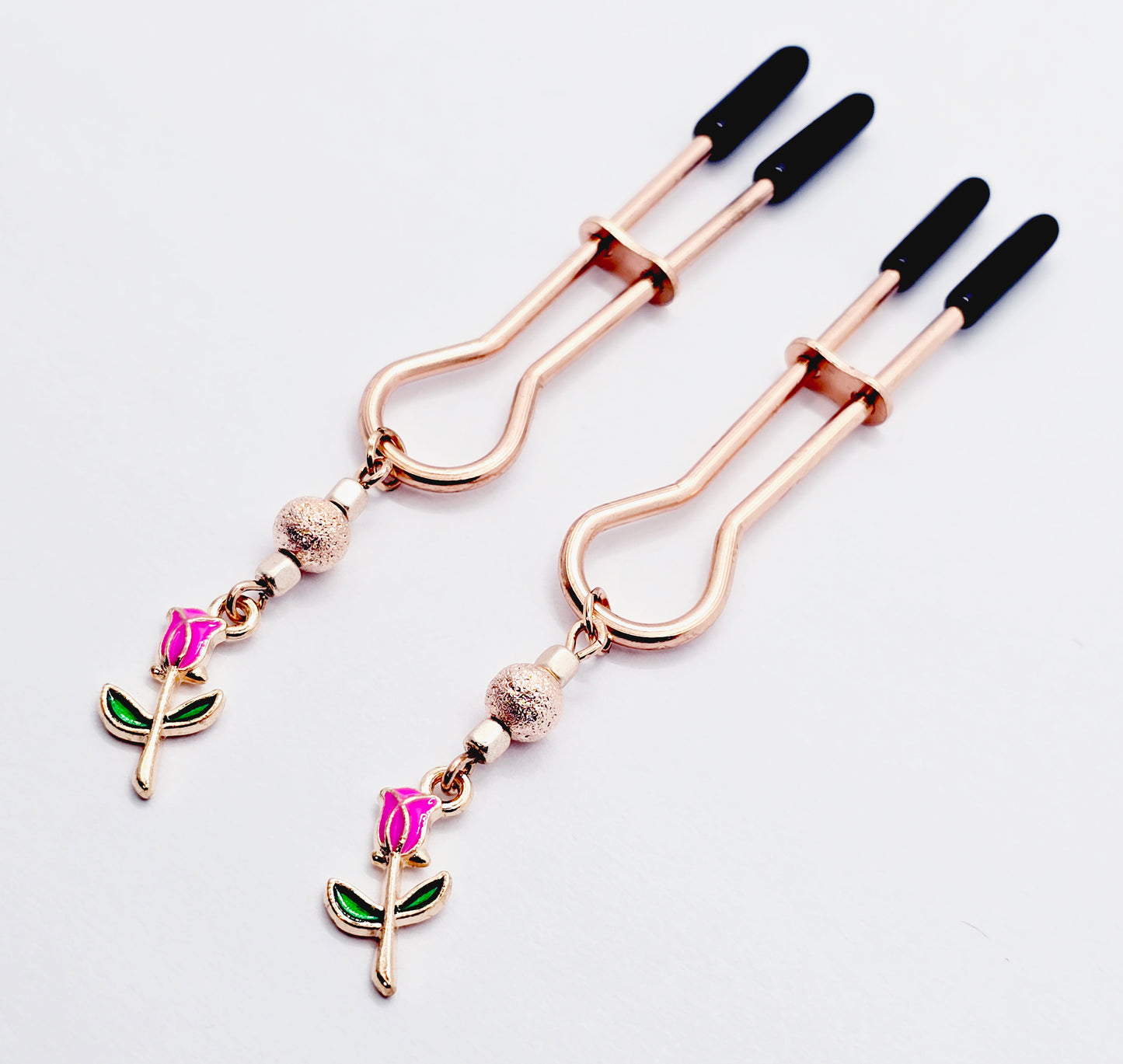 BDSM Nipple Clamps, Rose Gold Straight Tweezer Nipple Clamps with Flowers.