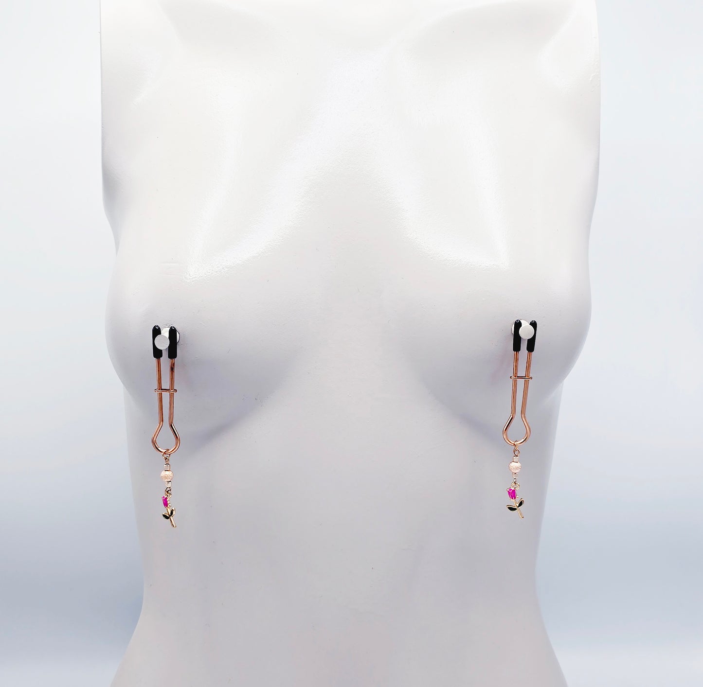 BDSM Nipple Clamps, Rose Gold Straight Tweezer Nipple Clamps with Flowers.