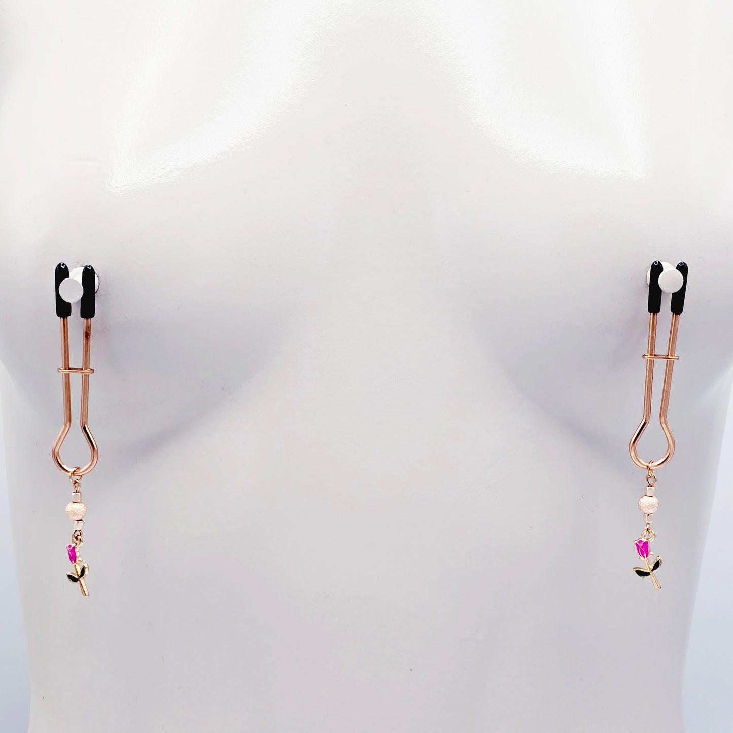 BDSM Nipple Clamps, Rose Gold Straight Tweezer Nipple Clamps with Flowers.