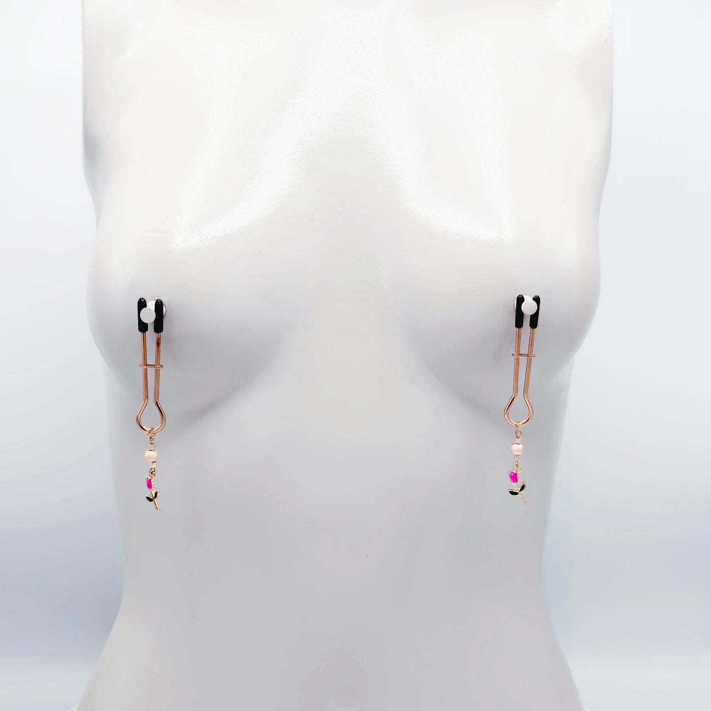 BDSM Nipple Clamps, Rose Gold Straight Tweezer Nipple Clamps with Flowers.