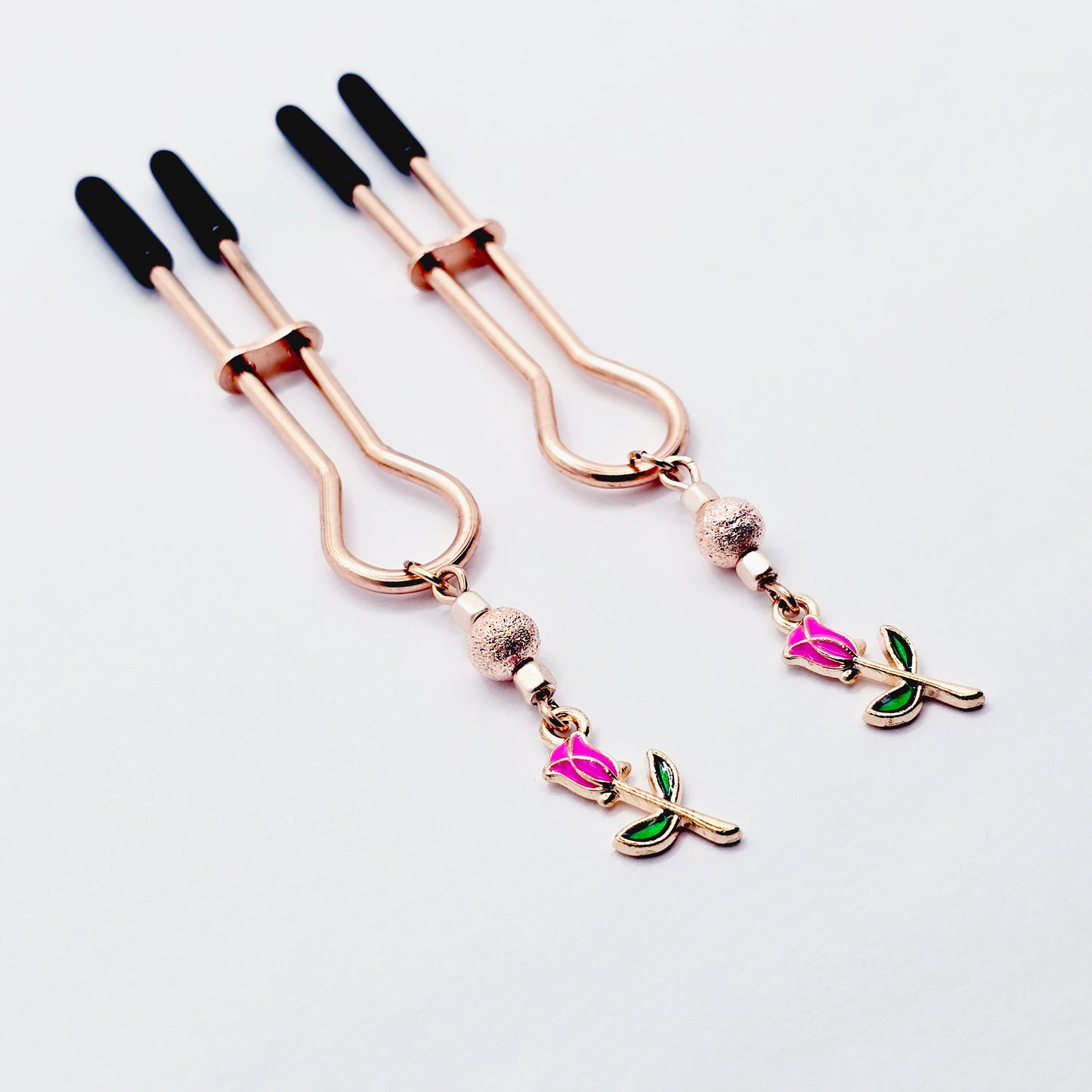 BDSM Nipple Clamps, Rose Gold Straight Tweezer Nipple Clamps with Flowers.