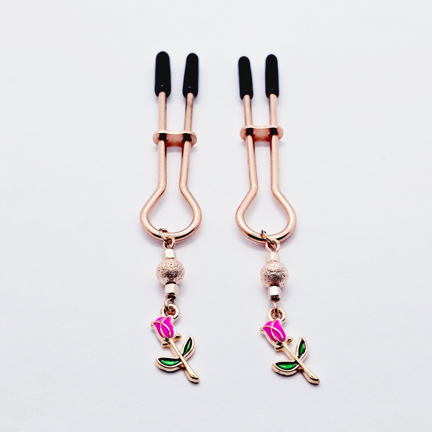 BDSM Nipple Clamps, Rose Gold Straight Tweezer Nipple Clamps with Flowers.