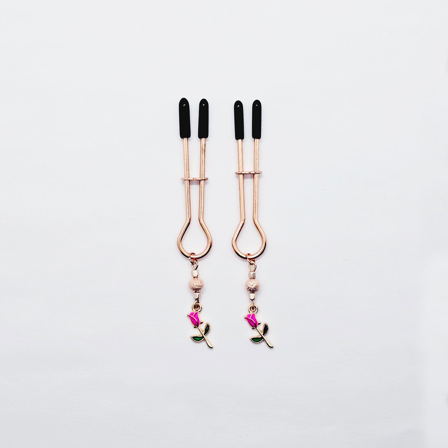 BDSM Nipple Clamps, Rose Gold Straight Tweezer Nipple Clamps with Flowers.