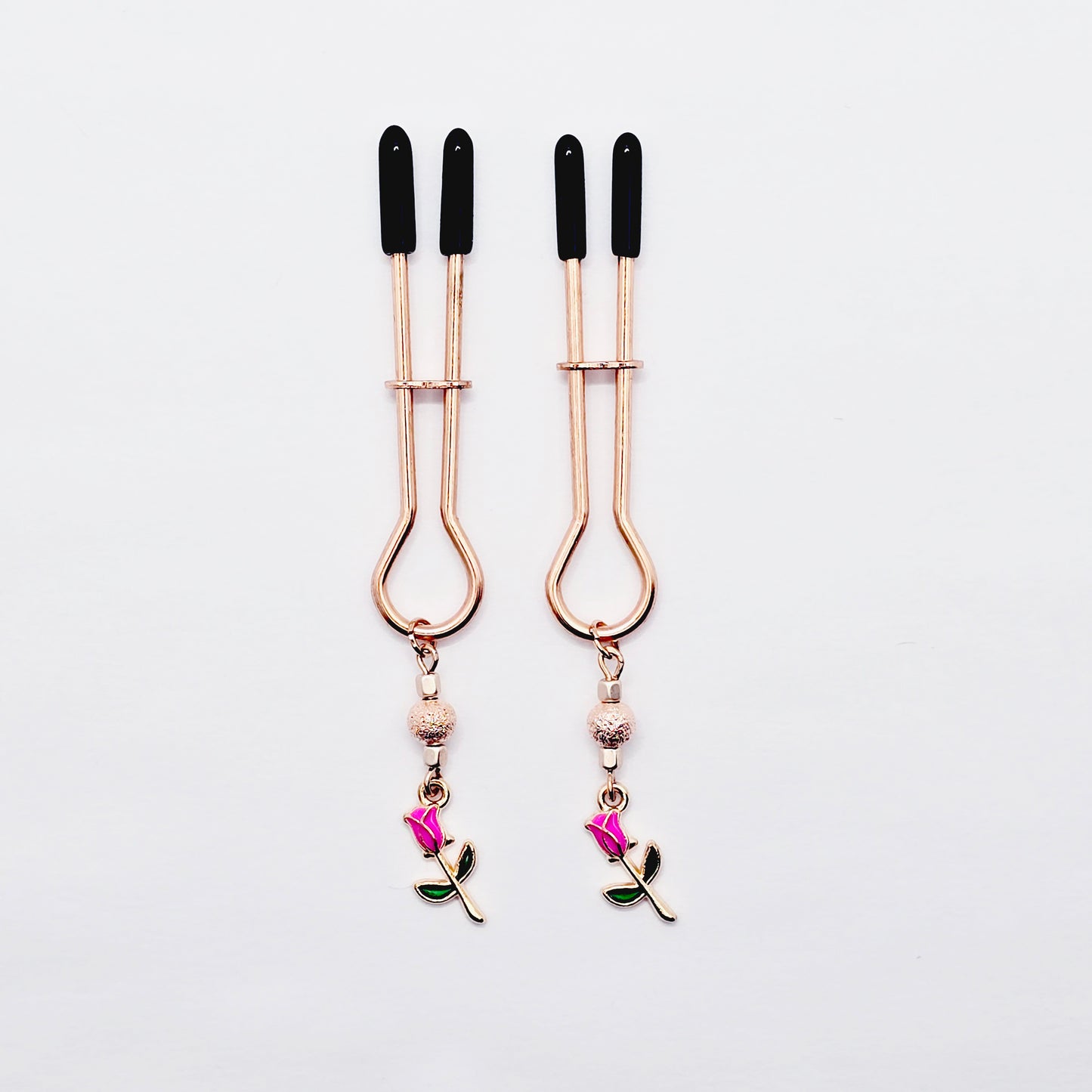 BDSM Nipple Clamps, Rose Gold Straight Tweezer Nipple Clamps with Flowers.