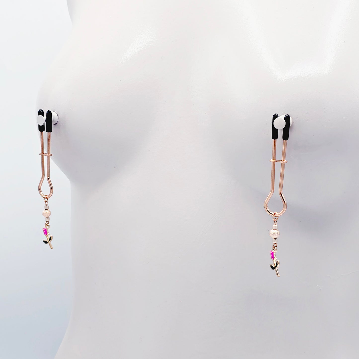 BDSM Nipple Clamps, Rose Gold Straight Tweezer Nipple Clamps with Flowers.