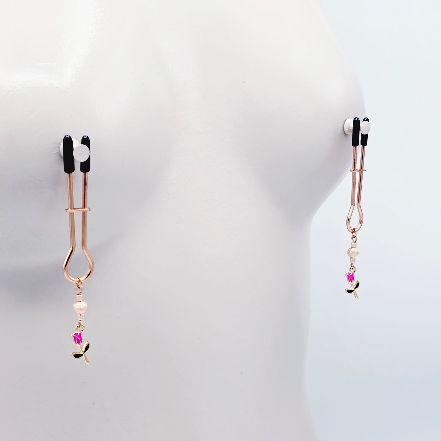 BDSM Nipple Clamps, Rose Gold Straight Tweezer Nipple Clamps with Flowers.