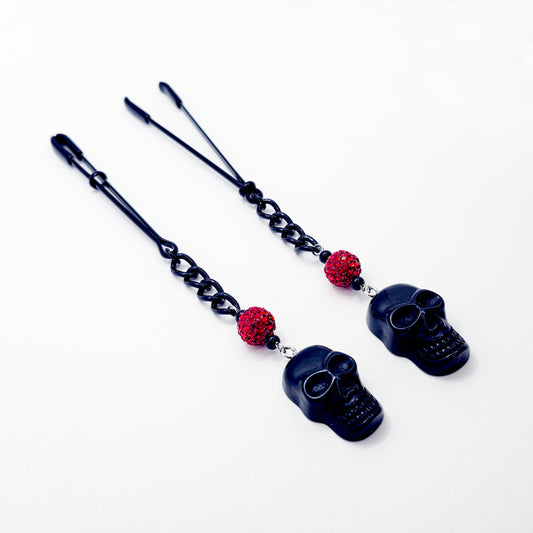 Black Tweezer Clamps with Skulls. Gothic Nipple Clamps.